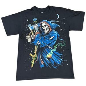 Vintage Black AOP Grunge Liquid Blue Grim Reaper Flame Y2K T-shirt Size Medium
